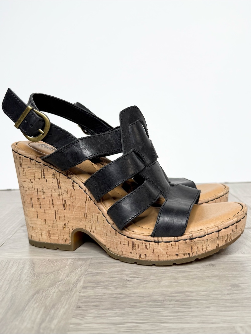 Born Bernese Black Leather Cork Wedge Sandal 9 M